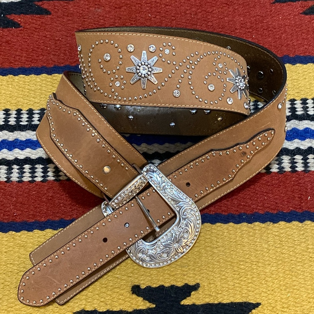 Nocona Tan Western Leather Belt with Silver Conchos & Studs